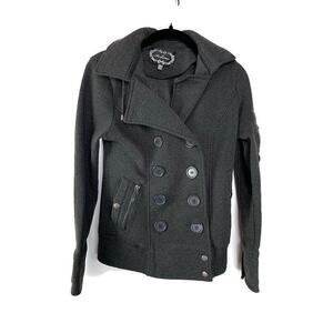 Womens Double-Breasted Gray Hooded Jacket Coat With Button Details Size S